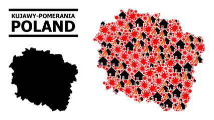 War pattern vector map of Kujawy-Pomerania Province. Geographic collage map of Kujawy-Pomerania Province is done with randomized fire, destruction, bangs, burn realty, strikes. - obrazy, fototapety, plakaty