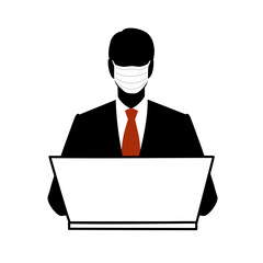 Silhouette of the man wearing a mask to work with a note PC