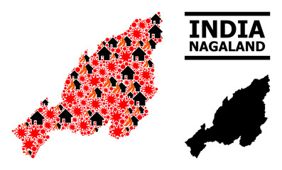 Obraz premium War collage vector map of Nagaland State. Geographic collage map of Nagaland State is designed from randomized fire, destruction, bangs, burn realty, strikes.