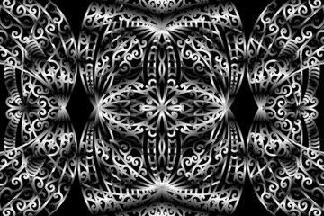 seamless circular circle  Black and white caleidoscope gradient flower art pattern of indonesian traditional tenun batik ethnic dayak ornament for wallpaper ads background 