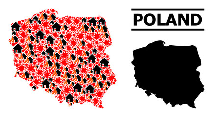 Obraz premium War mosaic vector map of Poland. Geographic mosaic map of Poland is constructed from scattered fire, destruction, bangs, burn houses, strikes. Vector flat illustration for military proclamations.