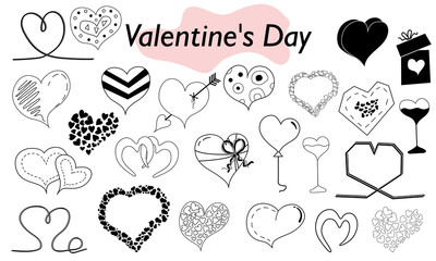 A set of hearts in a linear design. A symbol of love and a Valentine Day holiday. Vector illustration.