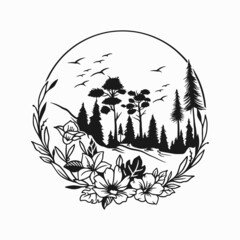 beauty forest scene, pine forest vector art icon illustration