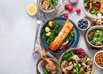 Healthy food assortment on light background.