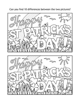 "Happy St Patrick's Day!" holiday greeting find the differences picture puzzle and coloring page
