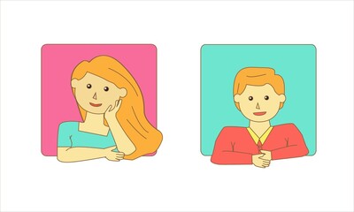 male and female characters in a minimalist box, vector illustration