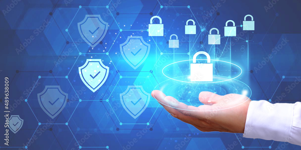 Poster global networking connection, businessman holding shield with padlock in hand, data protection and n
