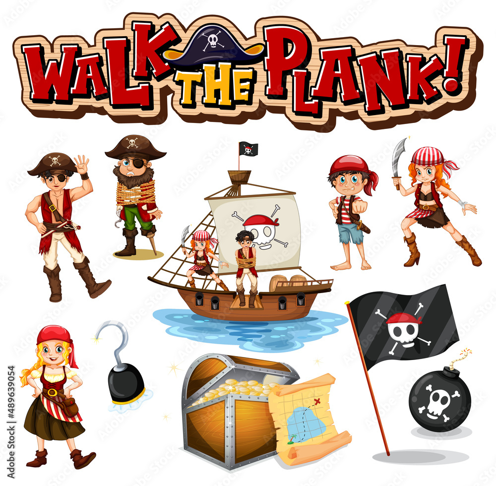 Wall mural set of pirate cartoon characters and objects