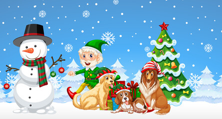 Christmas cartoon characters on snowy blue background