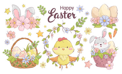 Beautiful set with Easter illustrations. Easter bunny and chick with Easter eggs and flowers. Happy easter set. Vector illustration.