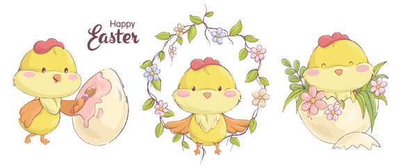 A set of illustrations with a cute Easter chicken and an inscription. A cheerful chicken paints an Easter egg, sits on a branch and laughs. Vector illustration.