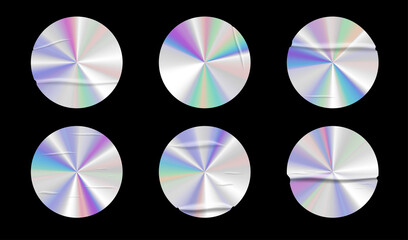 Holographic stickers with wrinkles set. Geometric shapes label with rainbow hologram. Vector elements for modern trend design.