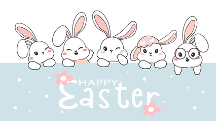 Obraz na płótnie Canvas cute Happy Easter greeting card, group of white bunny heads, cute rabbit character set, cartoon wildlife animal holiday drawing vector
