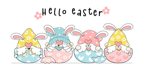 Cute Easter gnome in eggshell group, happy holidays cartoon hand drawing idea for greeting card, banner