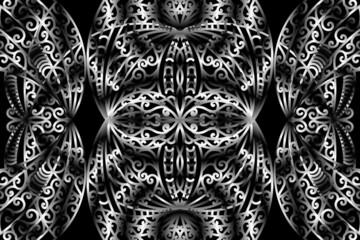 seamless circular circle  Black and white caleidoscope gradient flower art pattern of indonesian traditional tenun batik ethnic dayak ornament for wallpaper ads background 