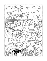 "Happy St Patrick's Day!" greeting coloring page, poster, sign or banner black and white activity sheet 
