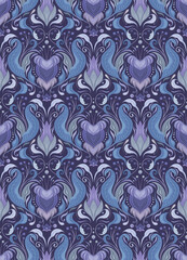 Seamless pattern with vintage floral ornament in very peri for fabric. Vector baroque tile texture with flowers and foliage on a dark background in violet colors. luxury purple damask wallpaper