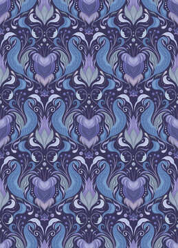Seamless pattern with vintage floral ornament in very peri for fabric. Vector baroque tile texture with flowers and foliage on a dark background in violet colors. luxury purple damask wallpaper