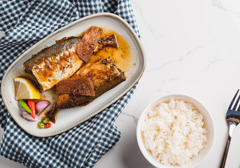 Asian Street food, salted mackerel, boiled fish, Thai food, local food, very delicious,