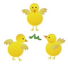 Three little chicks playing with worm vector.