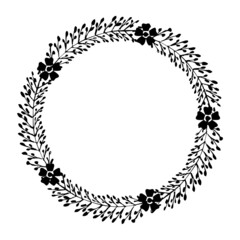 Simple Vector hand drawn spring wreath isolated on white background. Silhouette circle of leaves.