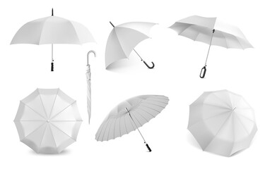 Realistic white umbrella. Parasol mockup for branding. View from different angles on open and closed waterproof canopy. 3D folded tent with handle. Vector rain protection accessories set - obrazy, fototapety, plakaty