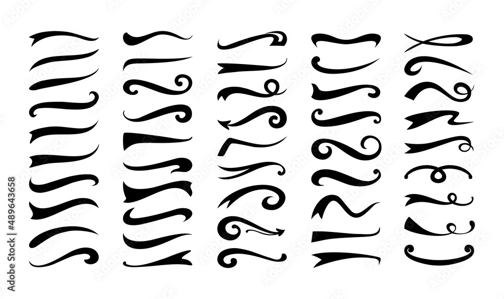 Poster Swirl swoosh. Underline swash and black dividers. Curve calligraphic strokes. Silhouette abstract borders. Brushstroke squiggles. Arrows and flourish. Vector graphic wave tails set