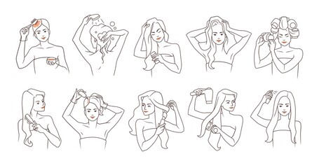 Hair care. Cartoon girl washing hair. Routine beauty shower procedures. Woman combing and making hairstyle. Cosmetic masks. Female using shampoo and conditioner. Vector haircare set