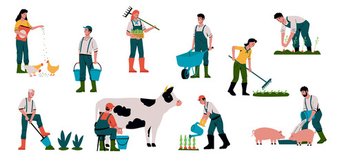 Fototapeta na wymiar Agriculture and animal farm. Cartoon farmers work in field. People feed livestock or milk cow. Gardeners sell crops and take care of plants. Organic food. Vector farmland workers set