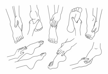 Feet with hands. Beauty cosmetics. Skin care and medical logo graphic template. Outline female barefoot ankles. Womens arms touching soles. Human limbs. Vector line art body parts set