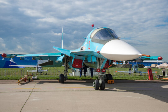 ZHUKOVSKY, RUSSIA - JULY 20, 2017: Su-34 - multi-functional supersonic fighter-bomber. Front view. International Aviation Show of MAKS-2017