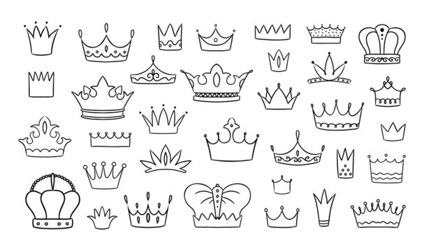 Queen doodle crown. Hand drawn prince and princess jewelry sketch. Street graffiti art. King headwear. Coronation accessories. Isolated antique diadem or tiara. Vector black logo set