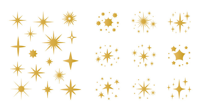 Cartoon sparkling. Yellow and golden star groups and twinkling elements. Isolated spark shapes. Firework shiny particles. Explosion glowing flashes. Holiday flares. Vector glitters set