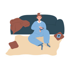 Sad young girl home in pajamas eating ice cream. An unhappy female character is eating up grief. Eating disorder. Woman a bad mood sits and eats food. Cartoon vector illustration.