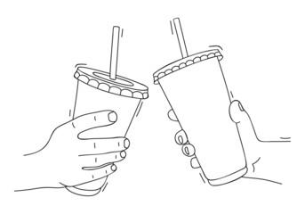 Two hands clink paper cups with soda at party. Sketch, linear drawing. Unhealthy food. Soft drink. Meeting two friends at birthday party. Vector illustration in minimalist line art drawing style