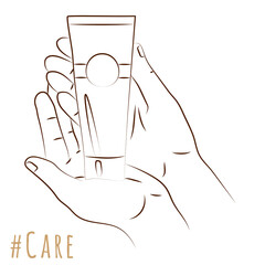 Skin care concept. Hands in realistic gesture hold tube of cosmetic cream. Sketch, linear drawing in minimalist style. Delicate rejuvenation. Natural cosmetics skincare for men and women of all ages
