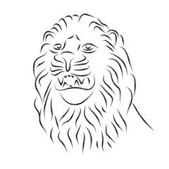 Lion head, statue. Vector antique logo. Ancient greek or roman style elements. Contour lion head with mane isolated on white background. Hand drawing of lion's head in antique style. Line art