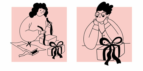 Cute male character is happy with the gift. A man waiting for a surprise. A woman is packing a gift. Banner, postcard design. Vector illustration in doodle style on an isolated white background.