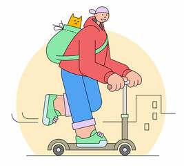 Young man rides on a kick scooter