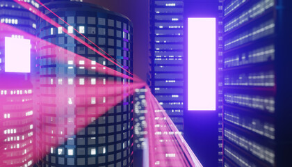 Fototapeta na wymiar High dark building with pink light and led screen. 3D illustration rendering.