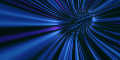 Blue curve tunnel with led glowing lights. Concept for fast business technology. 3D illustration rendering.