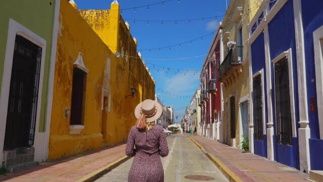 Female Tourist Walking along Streets of Campeche City in Mexico