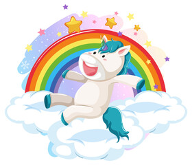 Blue unicorn jumping on a cloud with rainbow