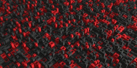 Fototapeta na wymiar Structure of rectangles of different heights. Abstract geometric isometric background in black and red colors. 3D render