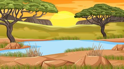 Lake in Savanna forest at sunset time