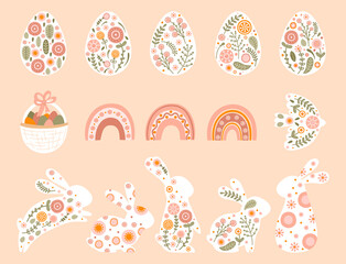 Set easter eggs and rabbits in pastel colors. Illustrations with spring flowers, rainbow, bunny and lettering Happy Easter. Silhouettes rabbits with floral and abstract patterns Vector