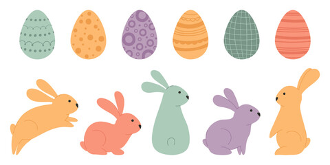 Set cute Easter eggs and rabbits in pastel colors. Colorful easter collection in flat style. Vector illustration