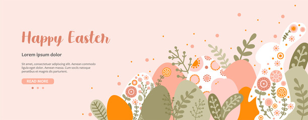 Templates web banner with silhouette Easter egg, rabbit and flowers in pastel colors. Illustration folklore cute spring eggs and hare in flat style and space for your text. Vector.