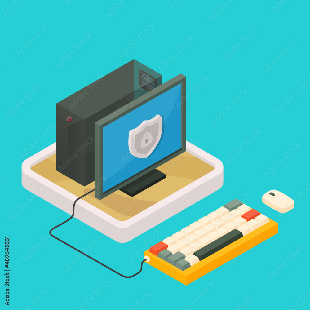 Wall mural pc computer and keyboard in sandbox technology isometric 3d vector illustration