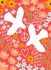 Vector image with dove of peace, peace signs on floral background